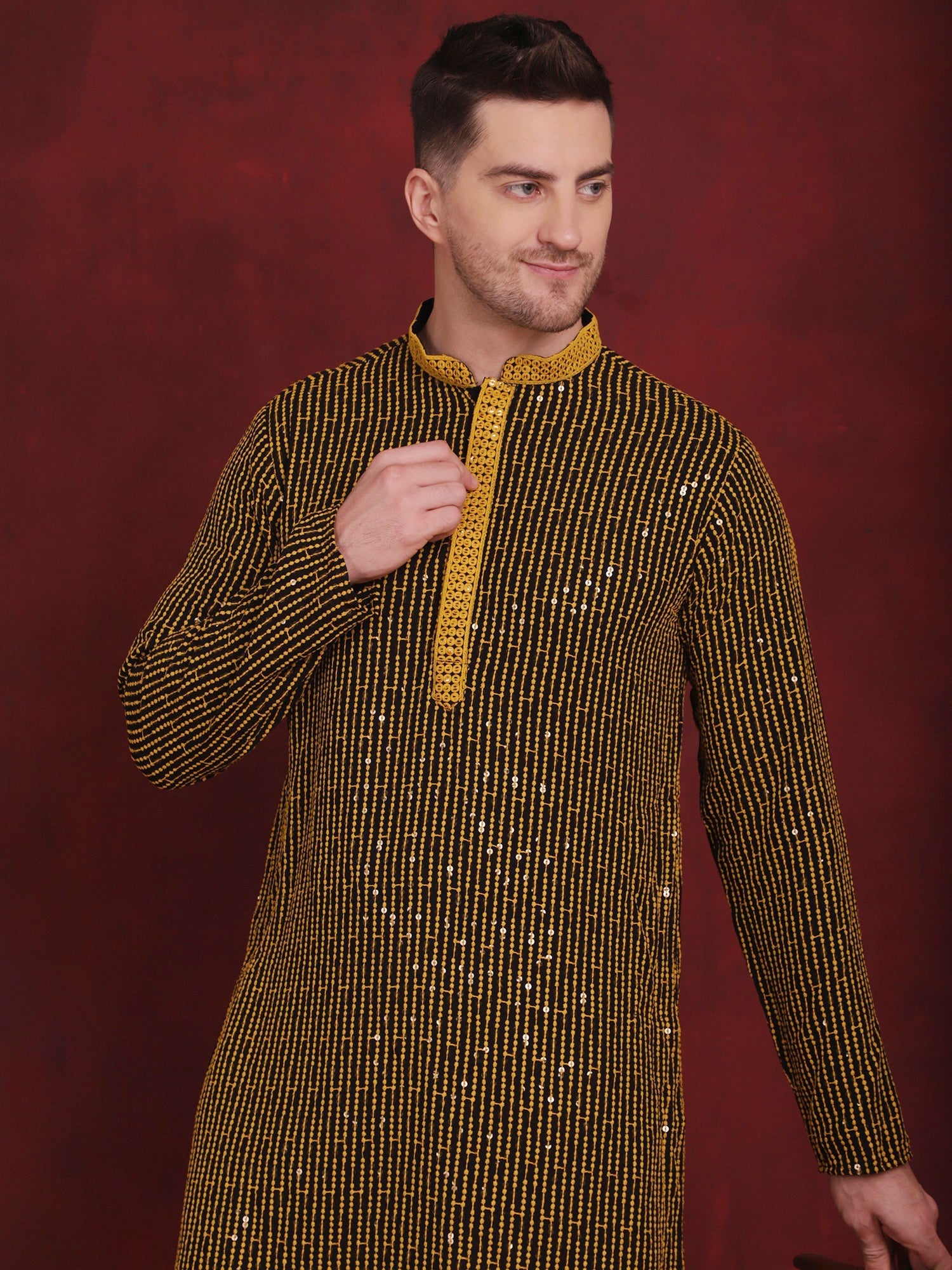 Jompers Men's Sequins Chikankari Embroidered Kurta with Pyjama - Yellow - Distacart