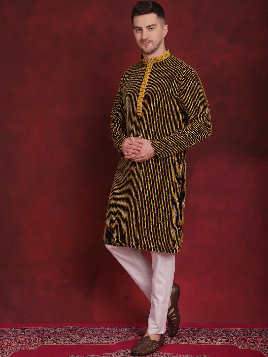 Jompers Men's Sequins Chikankari Embroidered Kurta with Pyjama - Yellow - Distacart