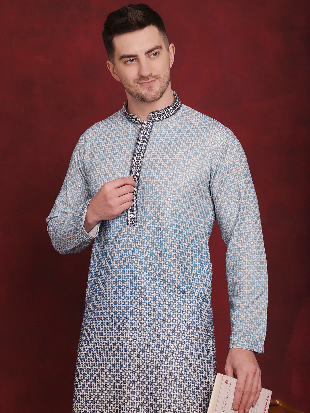 Jompers Men's Sequins Embroidered Kurta with Pyjama - Blue - Distacart