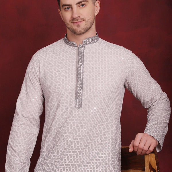Jompers Men's Sequins Embroidered Kurta with Pyjama - Grey - Distacart