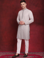 Thumbnail for Jompers Men's Sequins Embroidered Kurta with Pyjama - Grey - Distacart