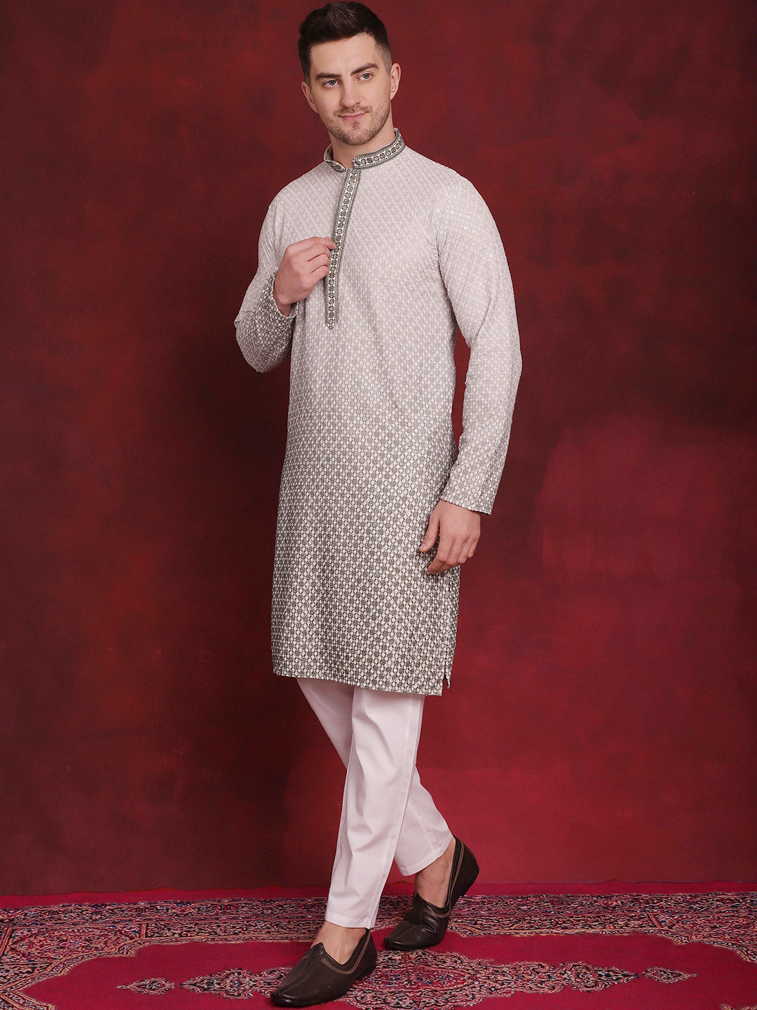 Jompers Men's Sequins Embroidered Kurta with Pyjama - Pista - Distacart