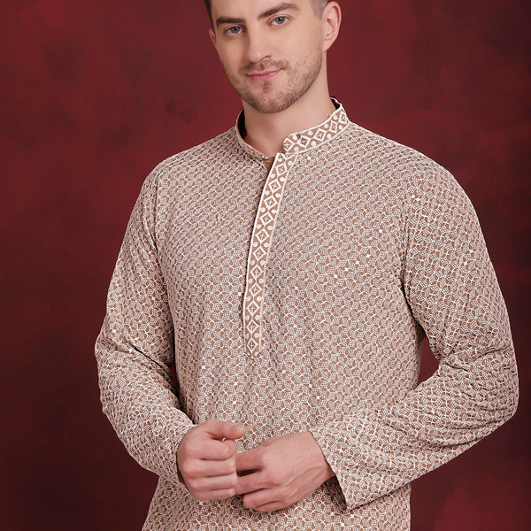 Jompers Men's Sequin Embroidered Pure Cotton Kurta with Pyjamas - Beige - Distacart