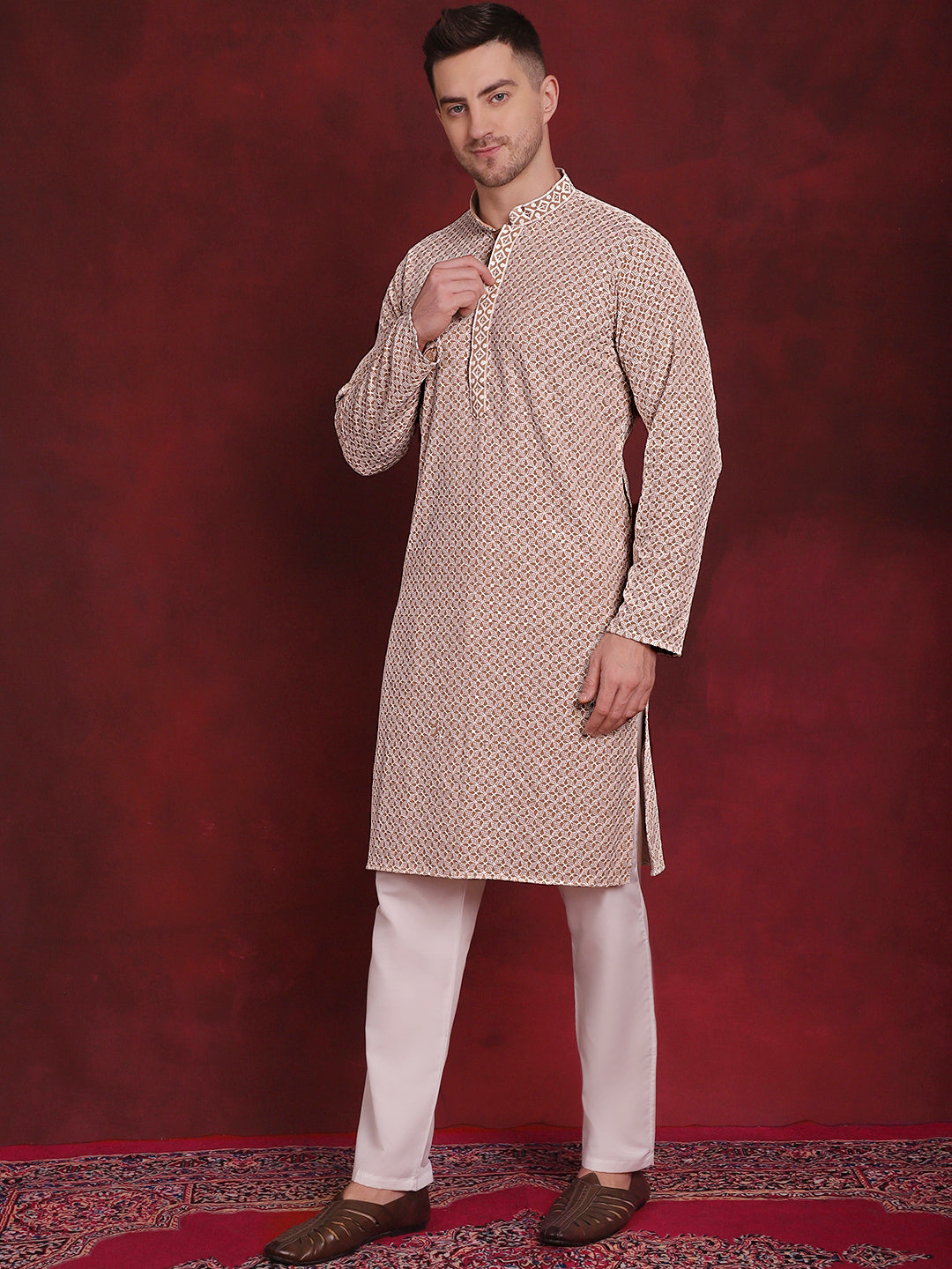 Jompers Men's Sequin Embroidered Pure Cotton Kurta with Pyjamas - Beige - Distacart