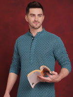 Thumbnail for Jompers Men's Sequin Embroidered Pure Cotton Kurta with Pyjamas - Blue - Distacart