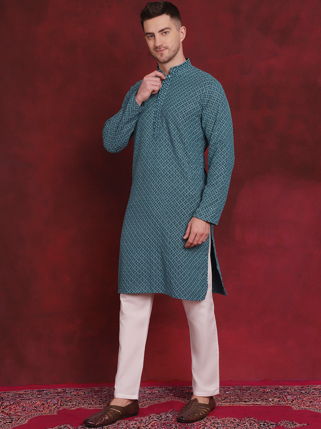 Jompers Men's Sequin Embroidered Pure Cotton Kurta with Pyjamas - Blue - Distacart
