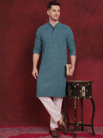 Thumbnail for Jompers Men's Sequin Embroidered Pure Cotton Kurta with Pyjamas - Blue - Distacart