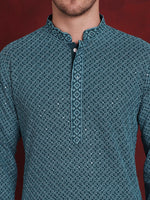 Thumbnail for Jompers Men's Sequin Embroidered Pure Cotton Kurta with Pyjamas - Blue - Distacart