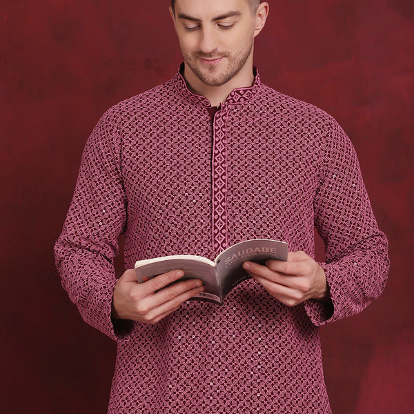 Jompers Men's Sequin Embroidered Pure Cotton Kurta with Pyjamas - Magenta - Distacart
