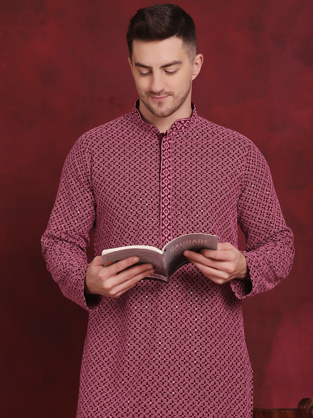 Jompers Men's Sequin Embroidered Pure Cotton Kurta with Pyjamas - Magenta - Distacart
