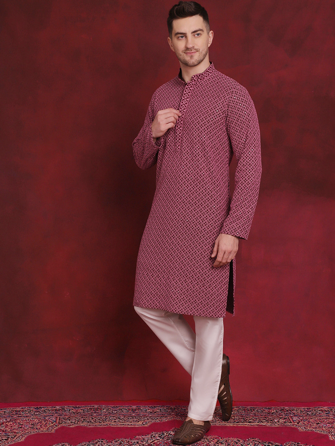 Jompers Men's Sequin Embroidered Pure Cotton Kurta with Pyjamas - Magenta - Distacart