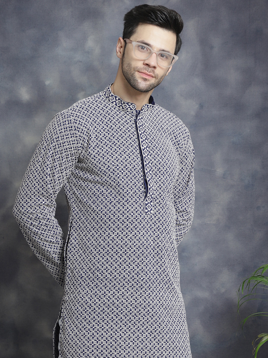 Jompers Men's Sequin Embroidered Pure Cotton Kurta with Pyjamas - Navy Blue - Distacart