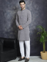 Thumbnail for Jompers Men's Sequin Embroidered Pure Cotton Kurta with Pyjamas - Navy Blue - Distacart