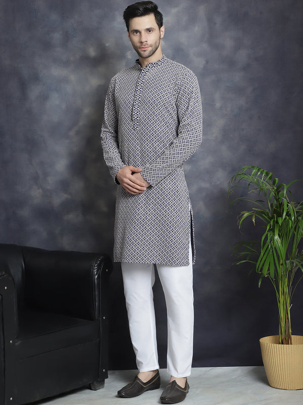 Jompers Men's Sequin Embroidered Pure Cotton Kurta with Pyjamas - Navy Blue - Distacart
