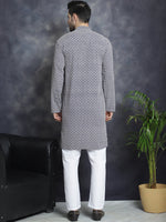 Thumbnail for Jompers Men's Sequin Embroidered Pure Cotton Kurta with Pyjamas - Navy Blue - Distacart