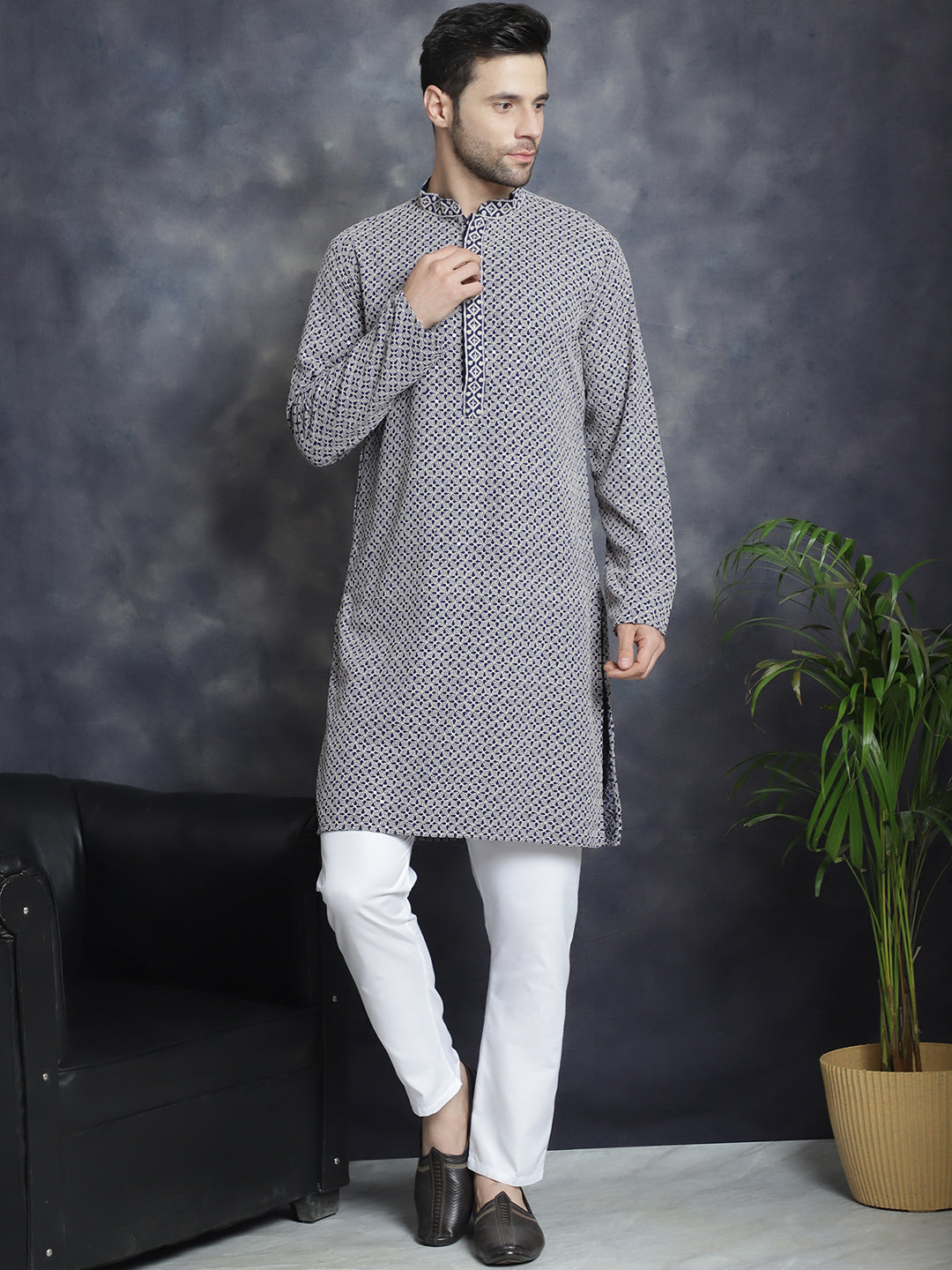 Jompers Men's Sequin Embroidered Pure Cotton Kurta with Pyjamas - Navy Blue - Distacart