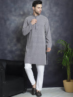 Thumbnail for Jompers Men's Sequin Embroidered Pure Cotton Kurta with Pyjamas - Navy Blue - Distacart