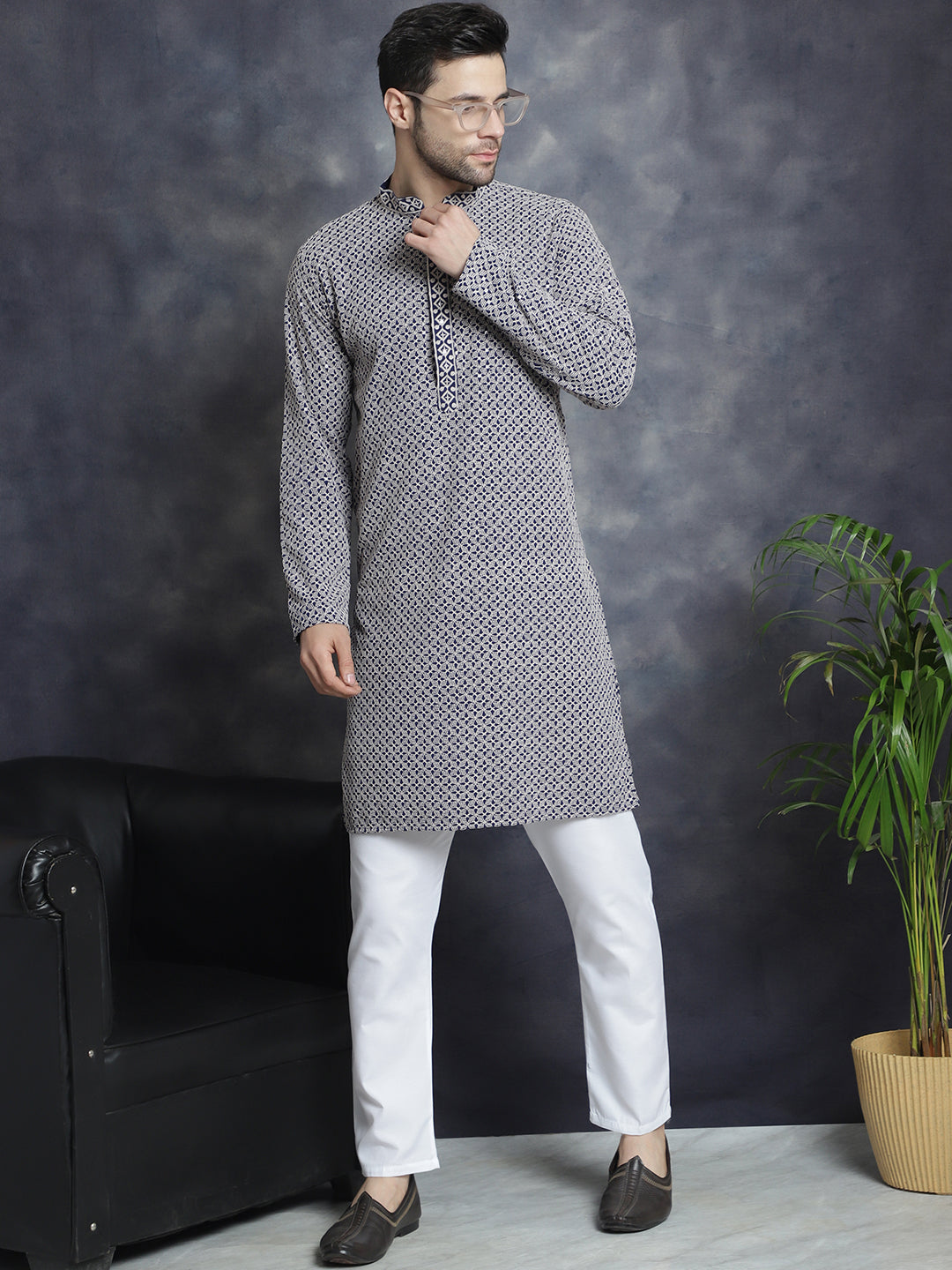 Jompers Men's Sequin Embroidered Pure Cotton Kurta with Pyjamas - Navy Blue - Distacart