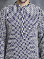Thumbnail for Jompers Men's Sequin Embroidered Pure Cotton Kurta with Pyjamas - Navy Blue - Distacart