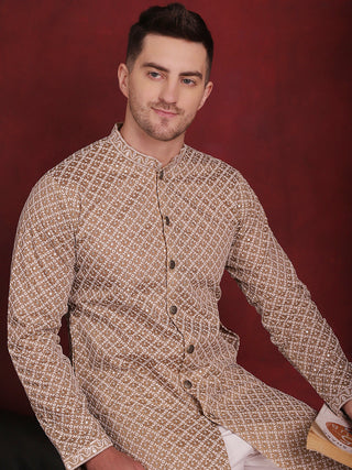 Jompers Men's Sequin Chikankari Front Open Kurta With Pyjamas - Beige - Distacart
