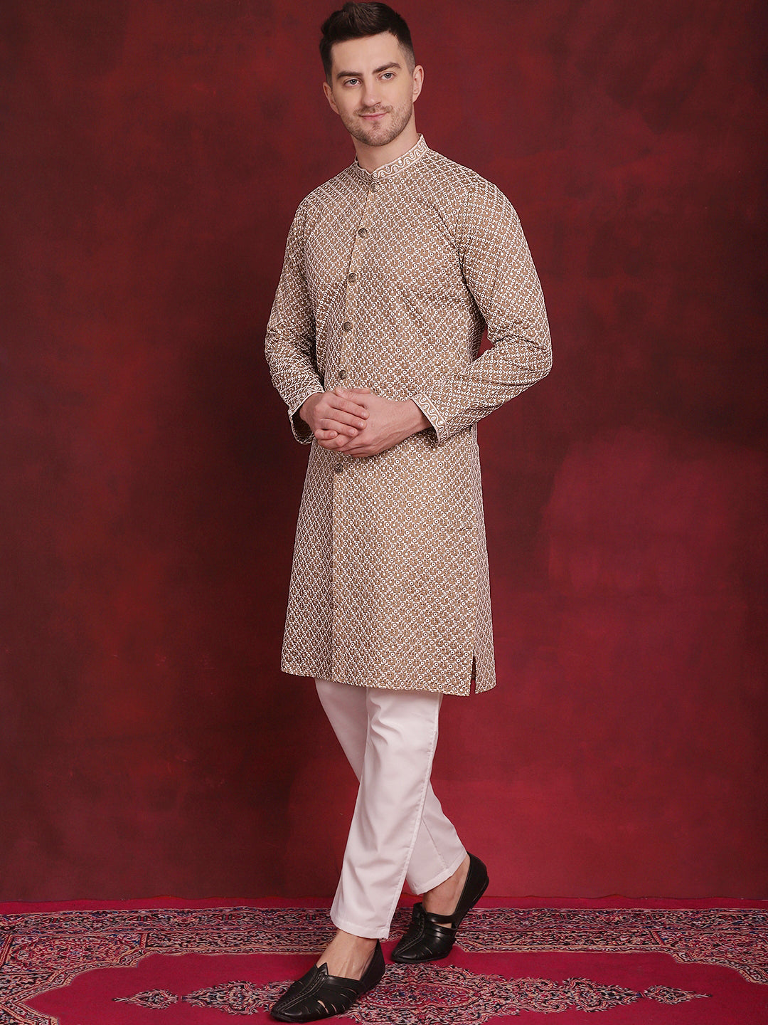 Jompers Men's Sequin Chikankari Front Open Kurta With Pyjamas - Beige - Distacart