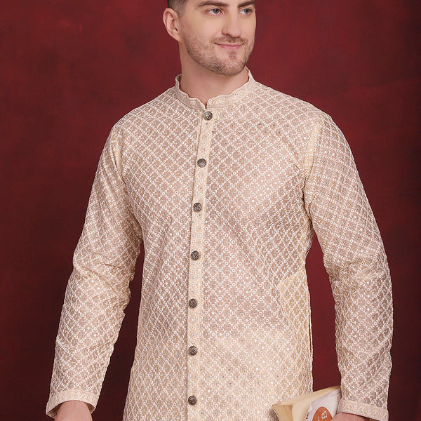 Jompers Men's Sequin Chikankari Front Open Kurta With Pyjamas - Golden - Distacart