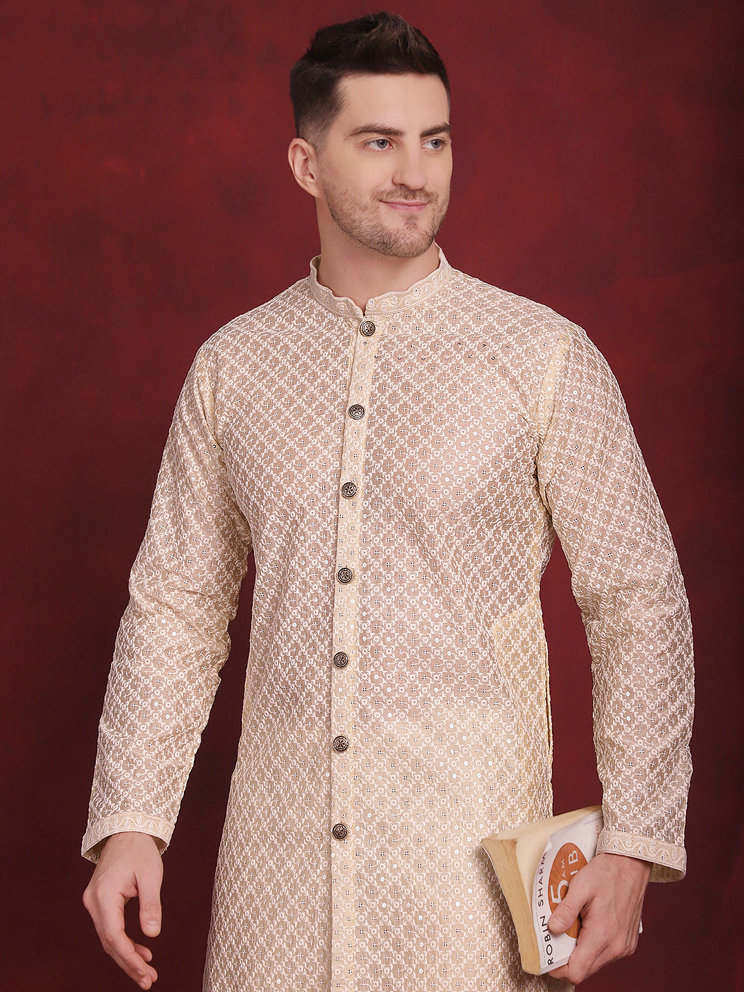 Jompers Men's Sequin Chikankari Front Open Kurta With Pyjamas - Golden - Distacart