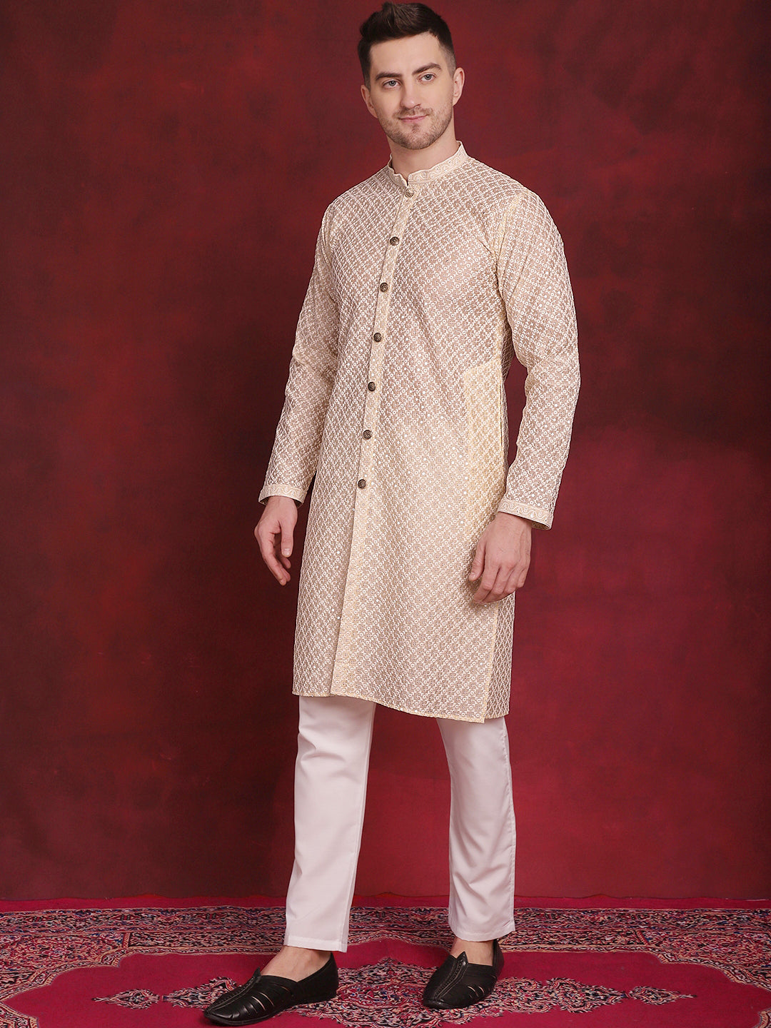 Jompers Men's Sequin Chikankari Front Open Kurta With Pyjamas - Golden - Distacart