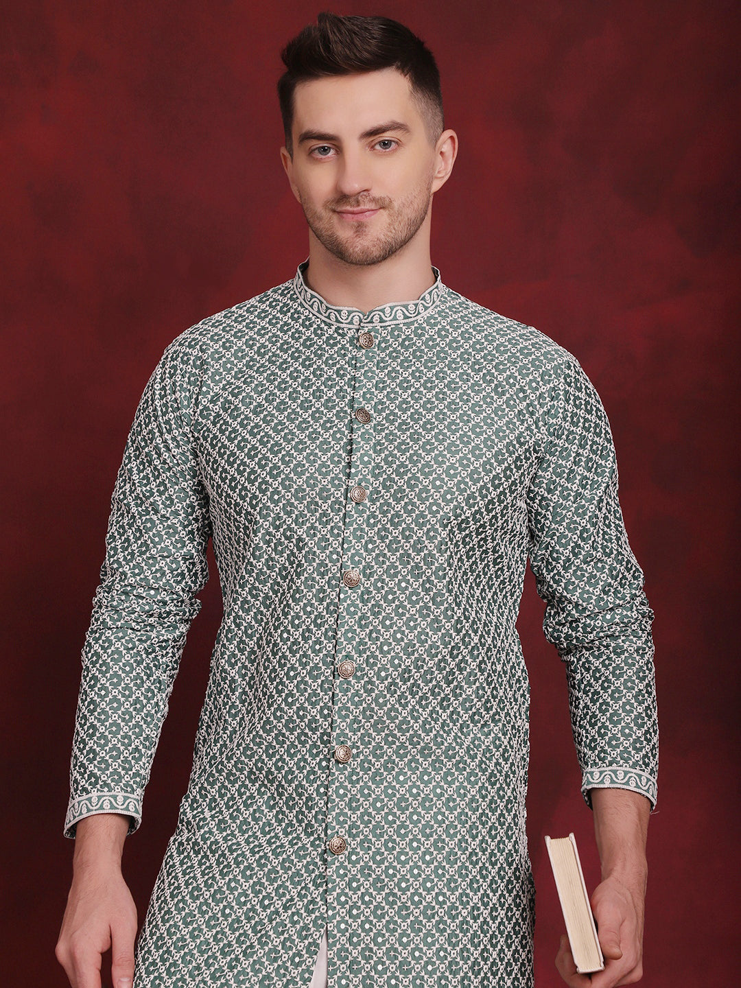 Jompers Men's Sequin Chikankari Front Open Kurta With Pyjamas - Green - Distacart
