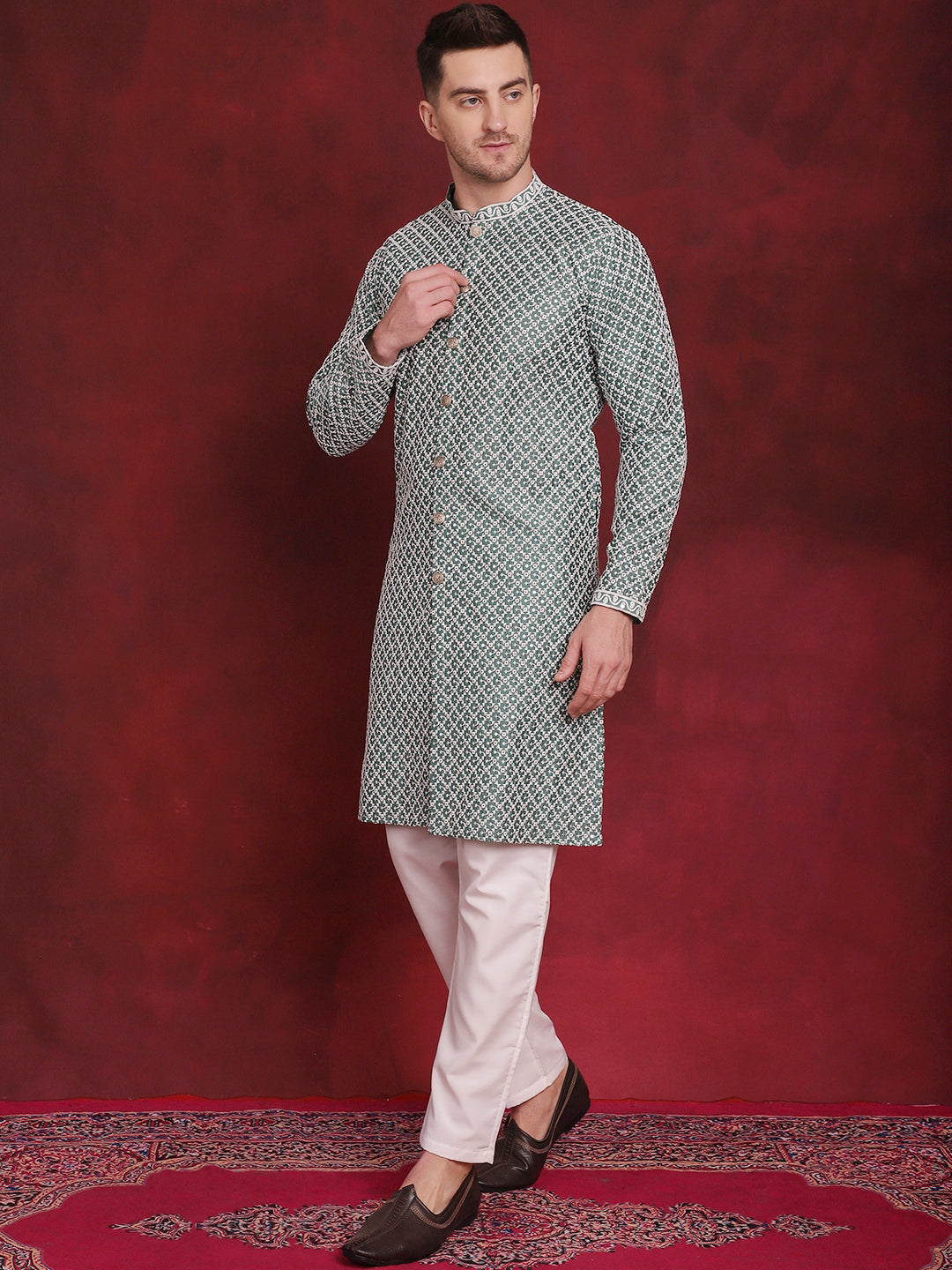 Jompers Men's Sequin Chikankari Front Open Kurta With Pyjamas - Green - Distacart