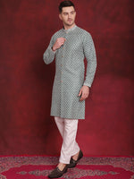 Thumbnail for Jompers Men's Sequin Chikankari Front Open Kurta With Pyjamas - Green - Distacart