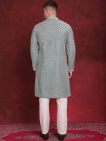 Thumbnail for Jompers Men's Sequin Chikankari Front Open Kurta With Pyjamas - Green - Distacart