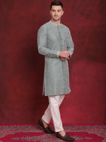 Thumbnail for Jompers Men's Sequin Chikankari Front Open Kurta With Pyjamas - Green - Distacart