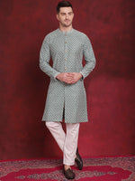 Thumbnail for Jompers Men's Sequin Chikankari Front Open Kurta With Pyjamas - Green - Distacart