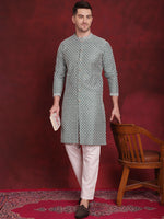 Thumbnail for Jompers Men's Sequin Chikankari Front Open Kurta With Pyjamas - Green - Distacart