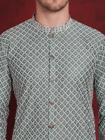 Thumbnail for Jompers Men's Sequin Chikankari Front Open Kurta With Pyjamas - Green - Distacart
