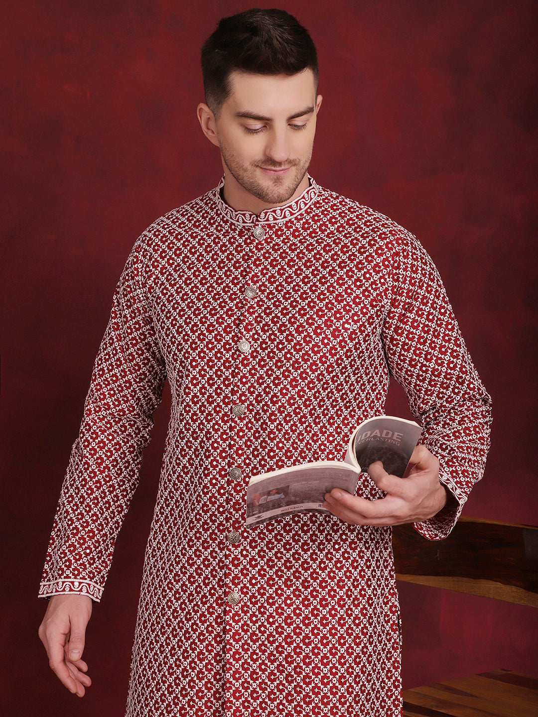 Jompers Men's Sequin Chikankari Front Open Kurta With Pyjamas - Maroon - Distacart
