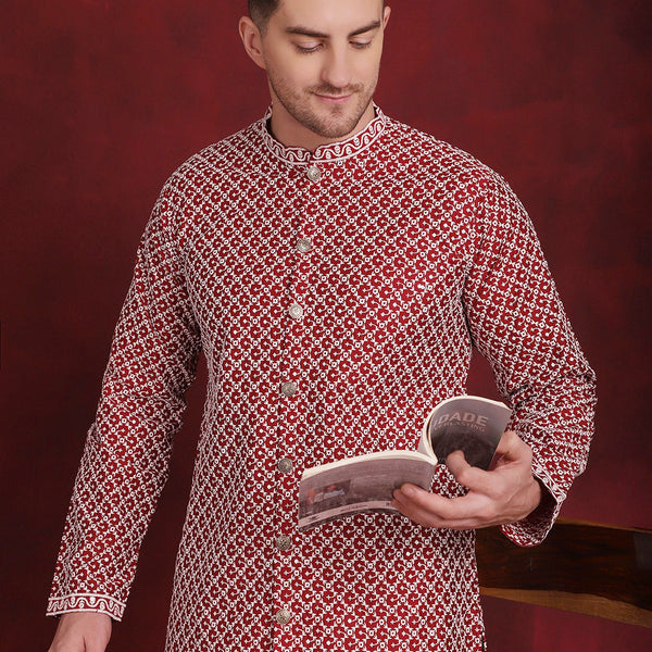 Jompers Men's Sequin Chikankari Front Open Kurta With Pyjamas - Maroon - Distacart