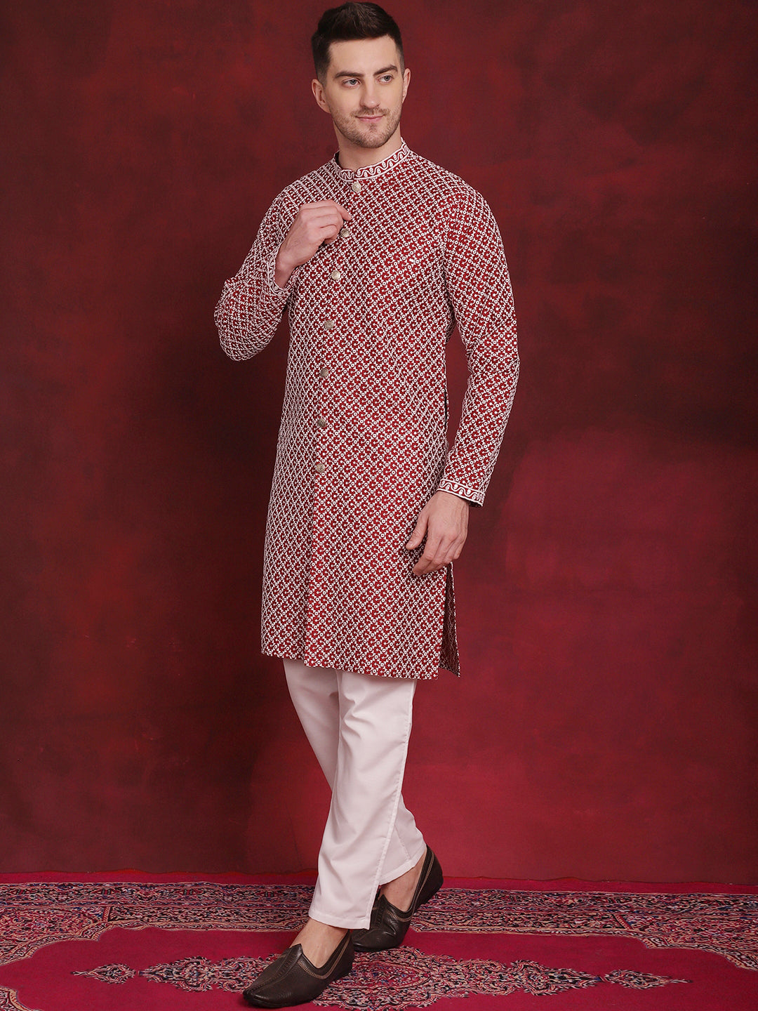 Jompers Men's Sequin Chikankari Front Open Kurta With Pyjamas - Maroon - Distacart