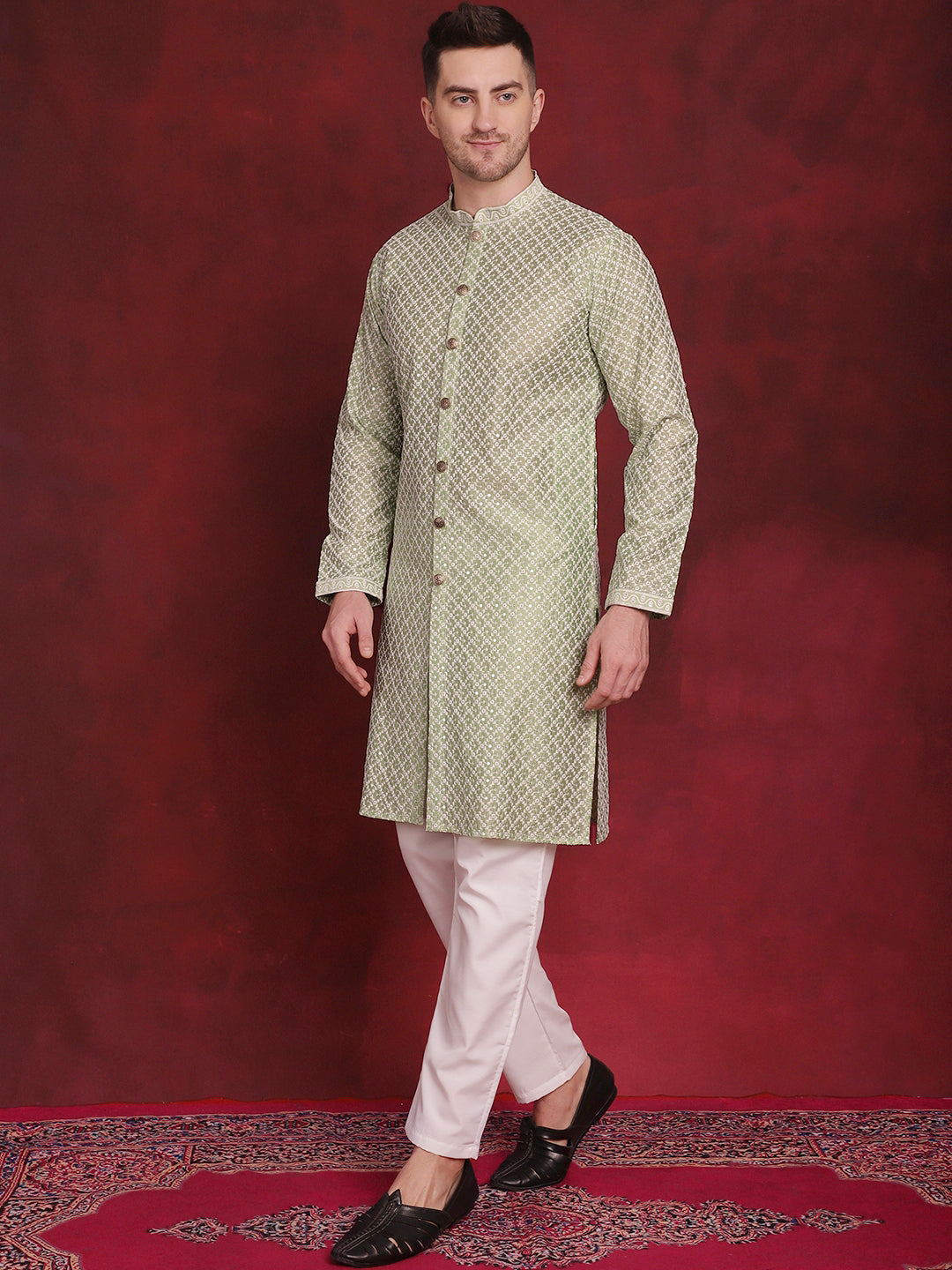 Jompers Men's Sequin Chikankari Front Open Kurta With Pyjamas - Pista - Distacart