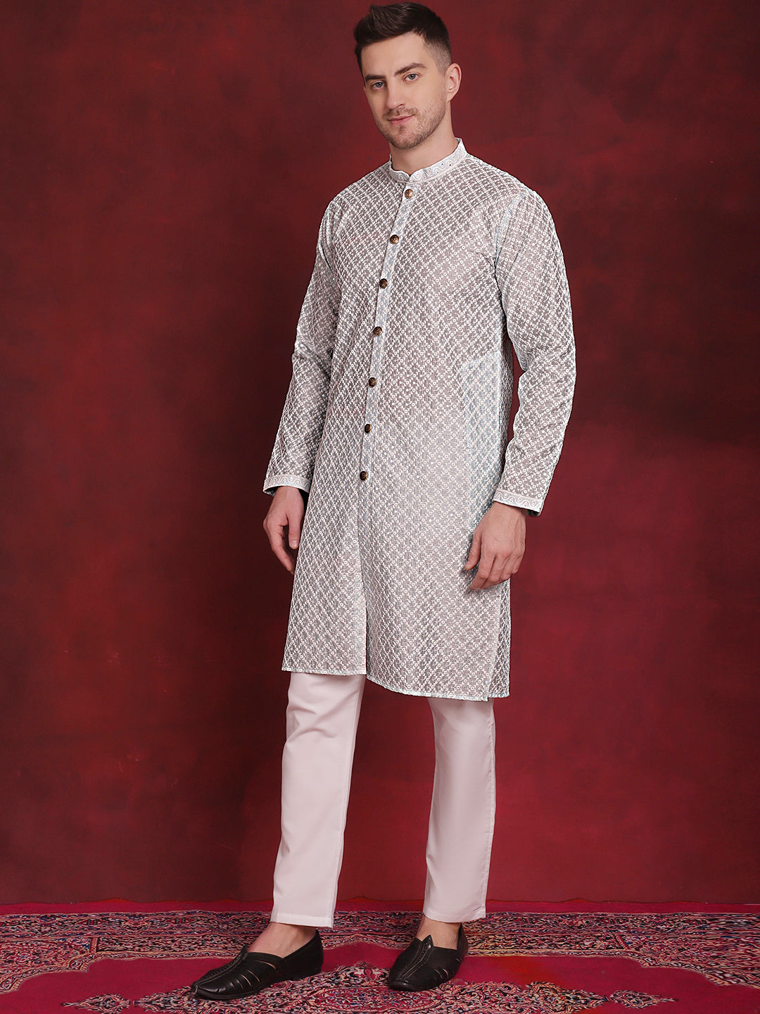 Jompers Men's Sequin Chikankari Front Open Kurta With Pyjamas - Sky Blue - Distacart