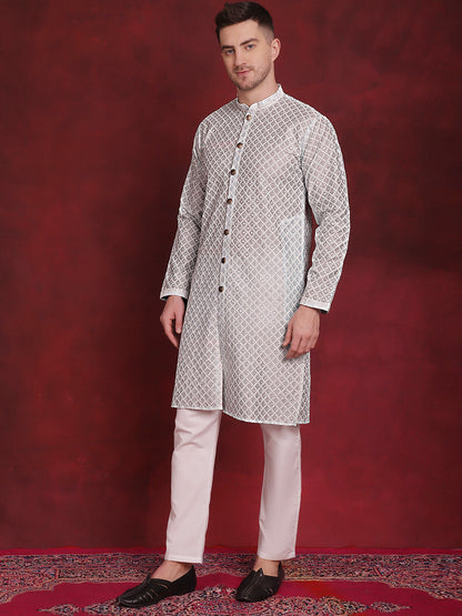 Jompers Men's Sequin Chikankari Front Open Kurta With Pyjamas - Sky Blue - Distacart