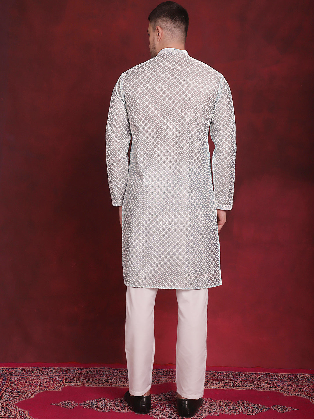 Jompers Men's Sequin Chikankari Front Open Kurta With Pyjamas - Sky Blue - Distacart