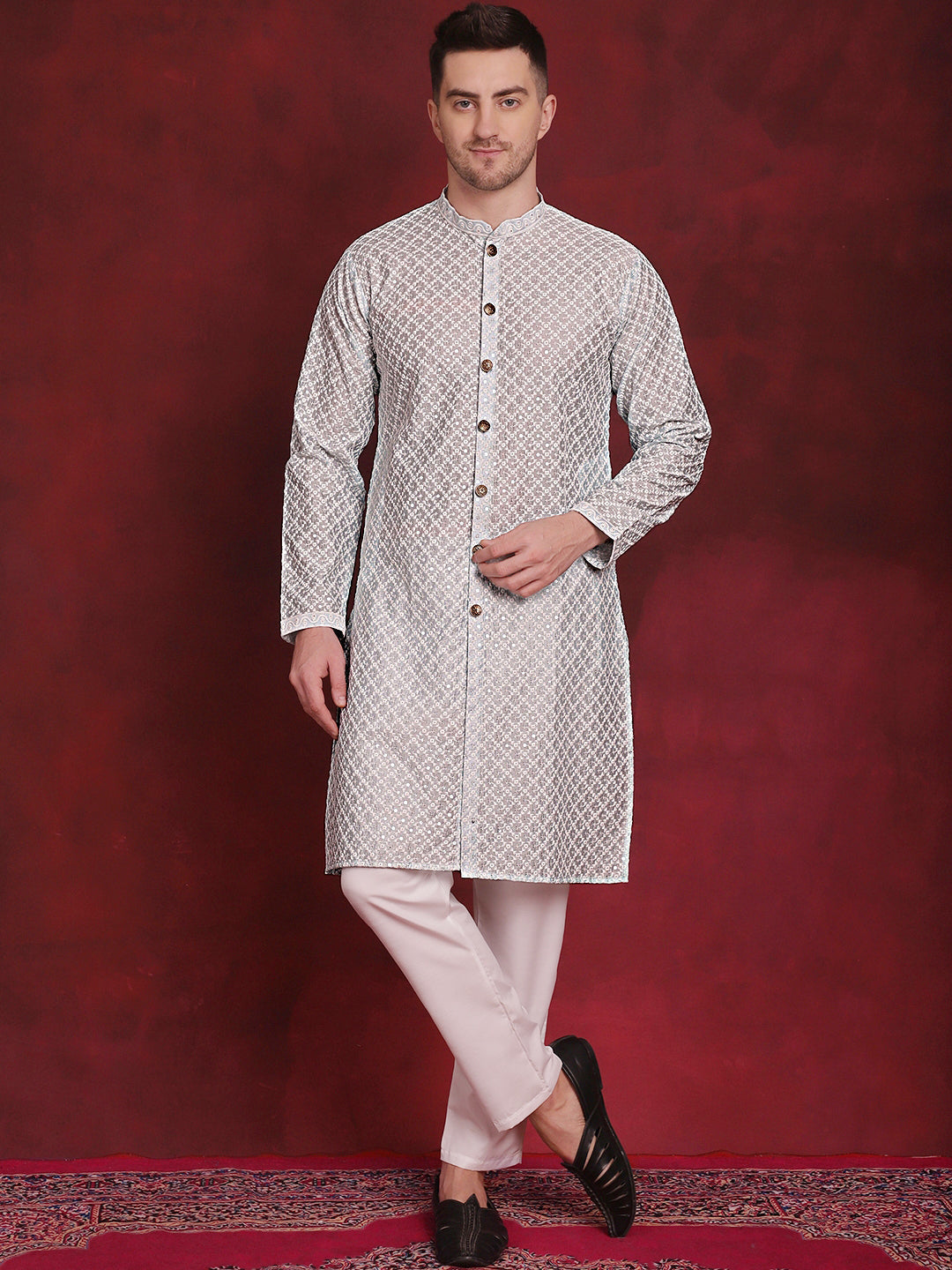 Jompers Men's Sequin Chikankari Front Open Kurta With Pyjamas - Sky Blue - Distacart
