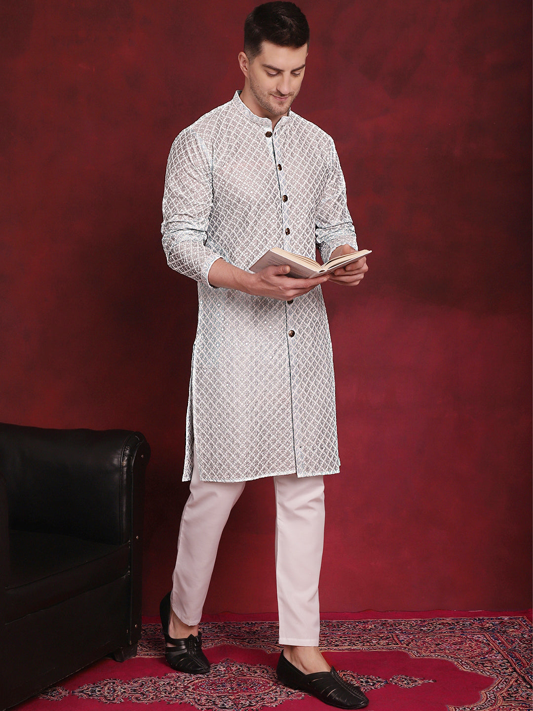 Jompers Men's Sequin Chikankari Front Open Kurta With Pyjamas - Sky Blue - Distacart