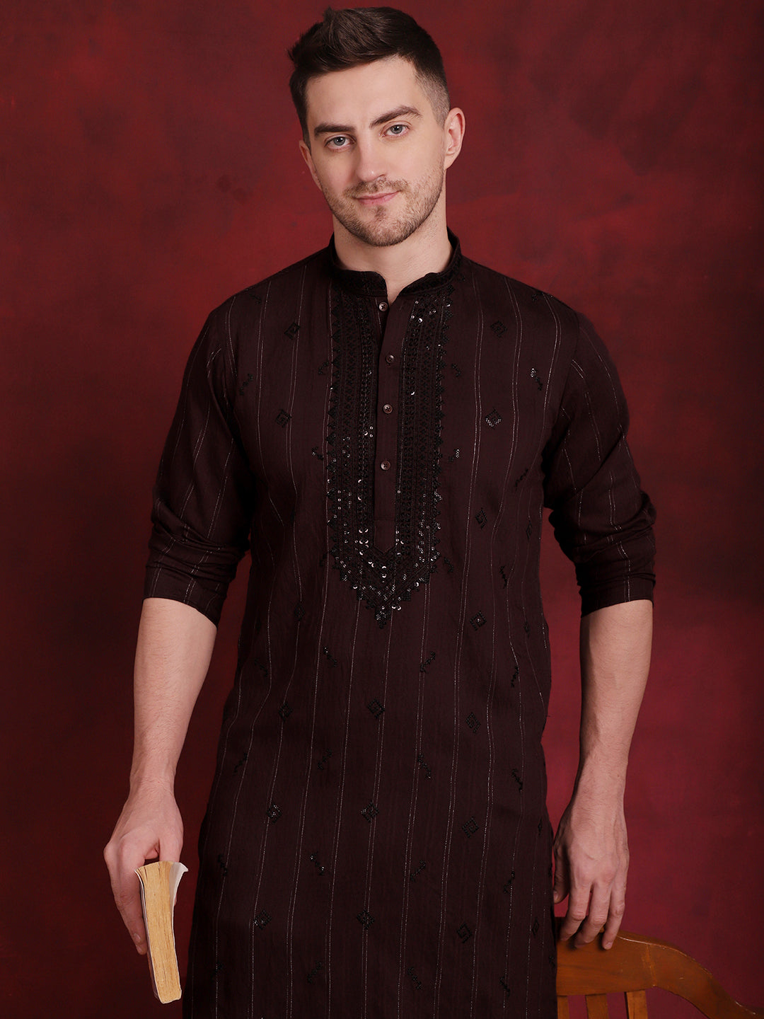 Jompers Men's Sequins Embroidered Kurta Pyjama Set - B-Maroon - Distacart