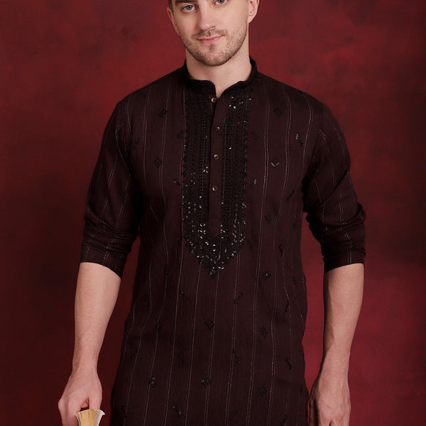 Jompers Men's Sequins Embroidered Kurta Pyjama Set - B-Maroon - Distacart