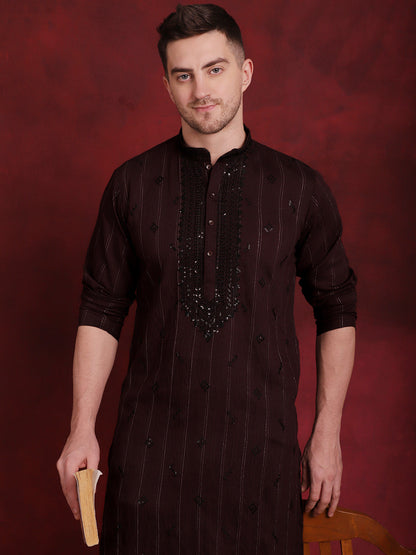 Jompers Men's Sequins Embroidered Kurta Pyjama Set - B-Maroon - Distacart
