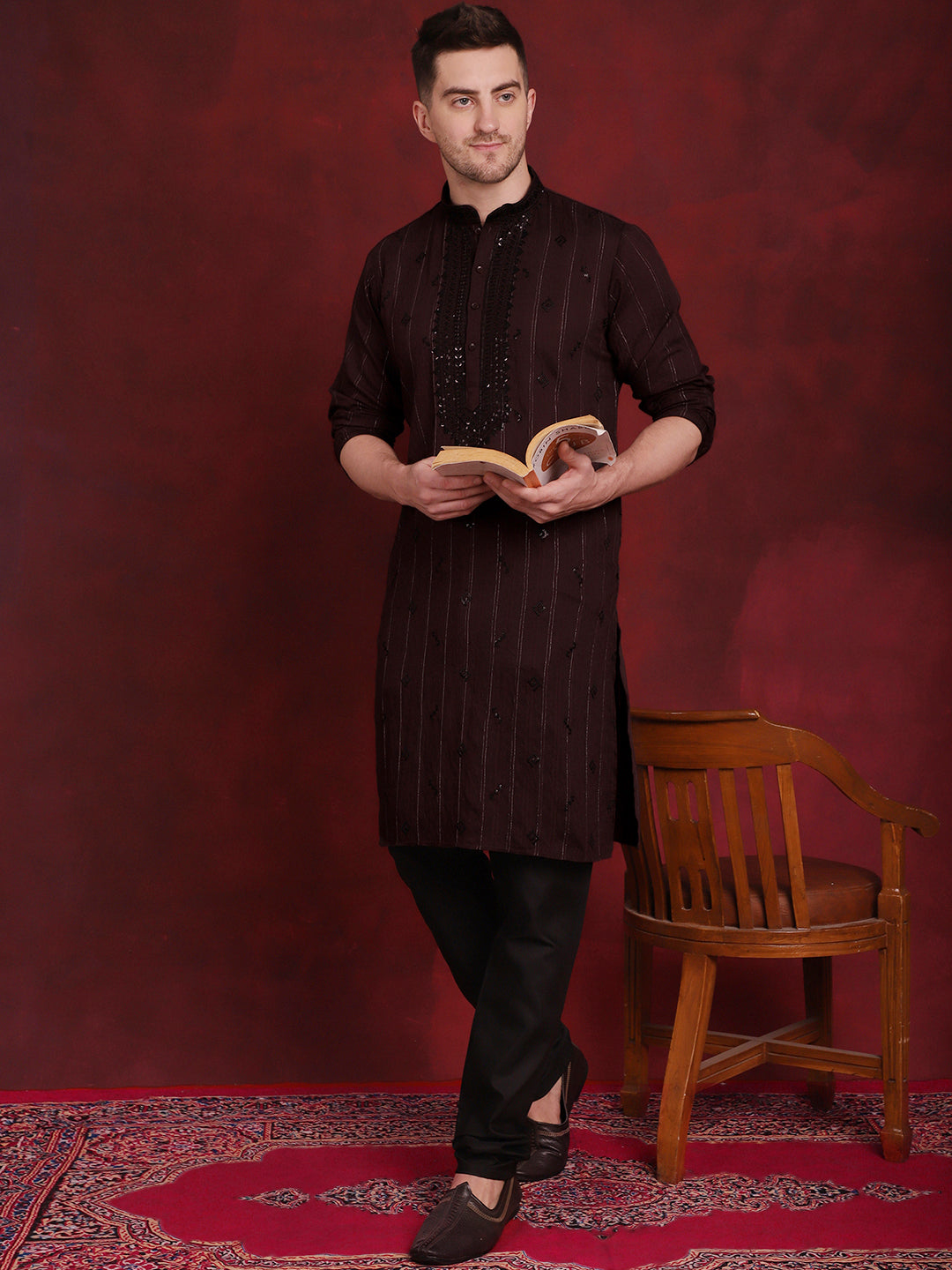 Jompers Men's Sequins Embroidered Kurta Pyjama Set - B-Maroon - Distacart