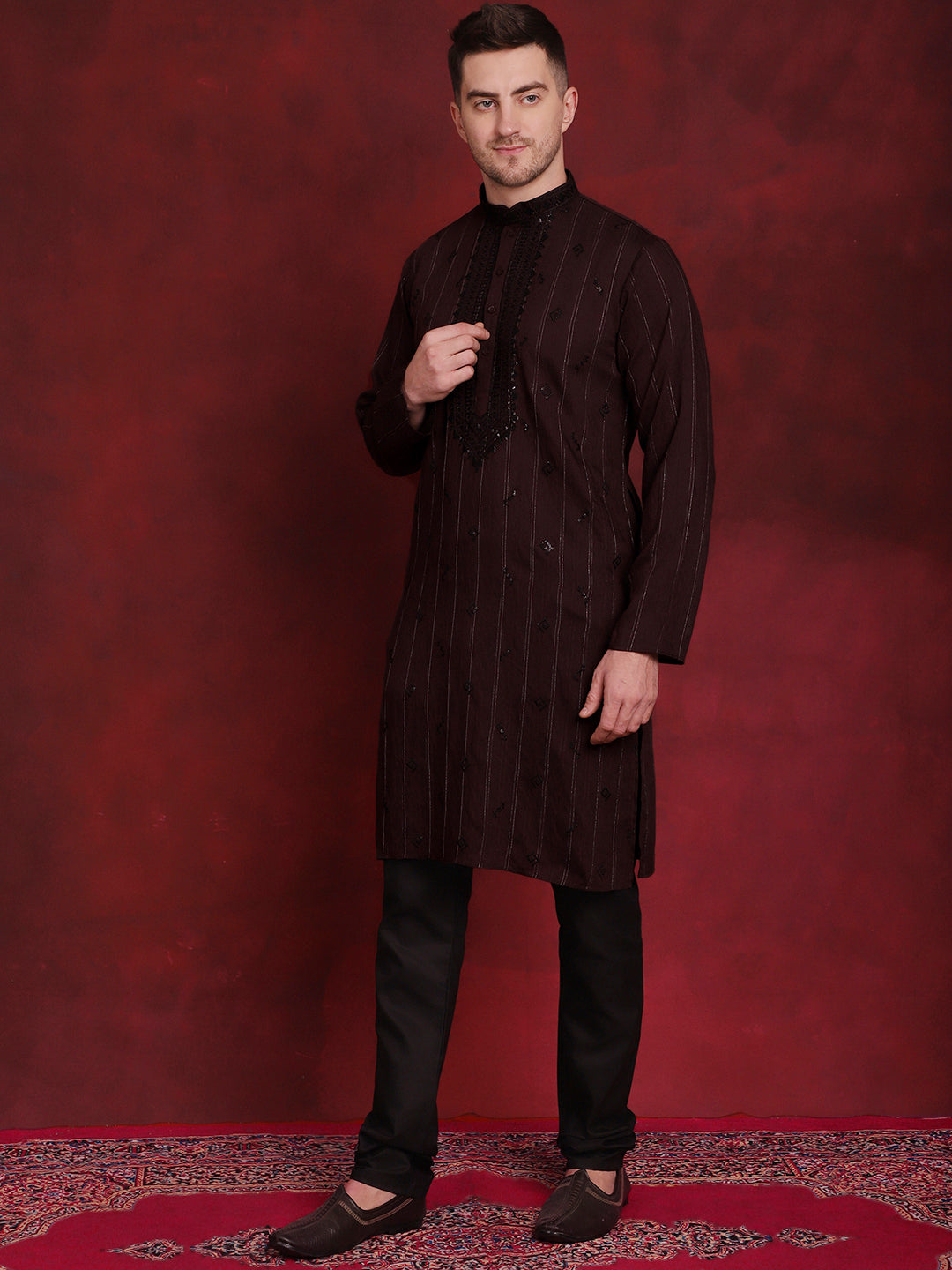 Jompers Men's Sequins Embroidered Kurta Pyjama Set - B-Maroon - Distacart